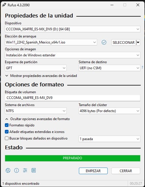 rufus usb preparado